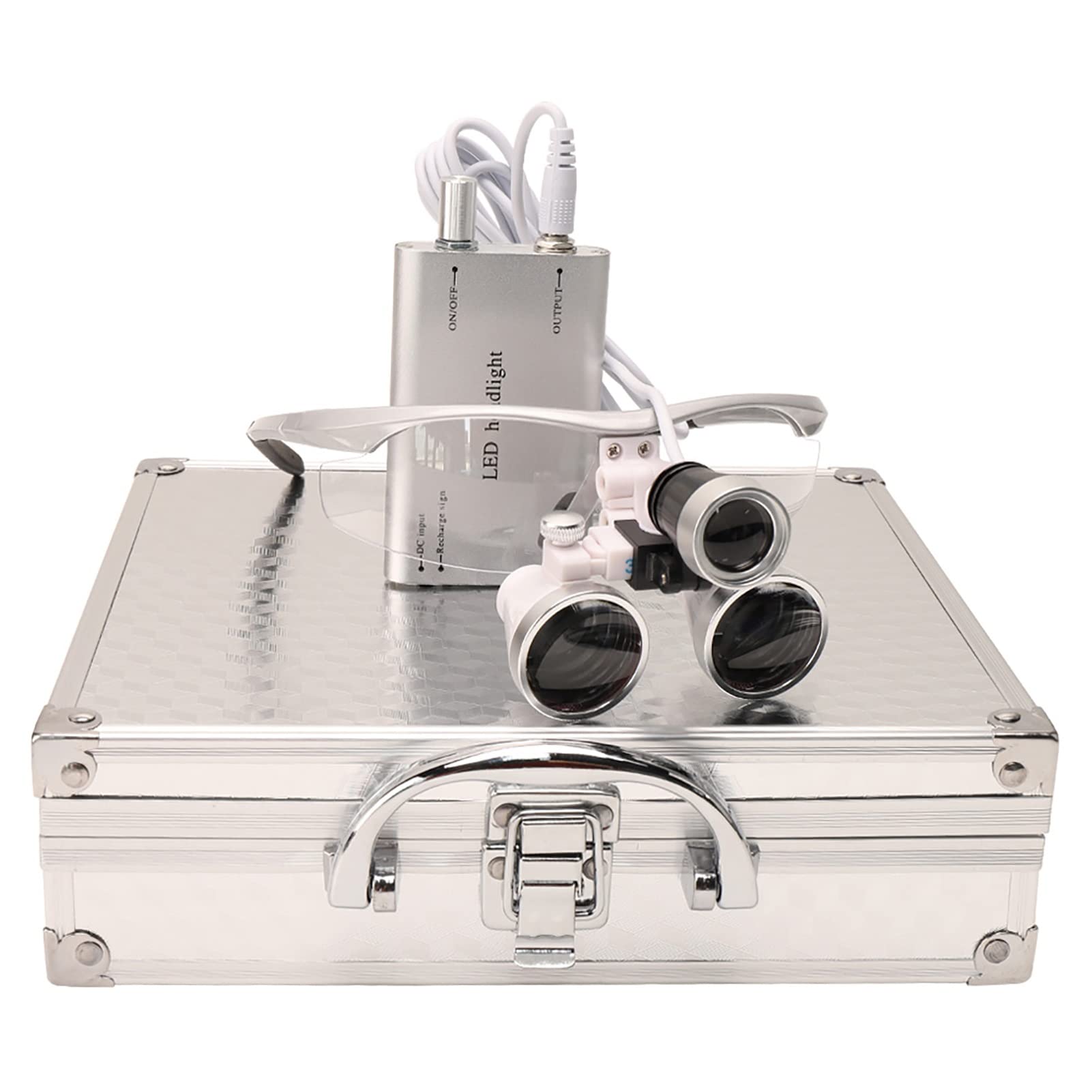 Loupe Binoculaire Chirurgicale, 2,5 X 3,5 X Loupes Chirurgicales Dentaires Avec Phare Haute Luminosité + Boîte En Aluminium, Avec Pince À Fermoir Loupes Dentaires Pour Dentiste ( Color : Silver , Size