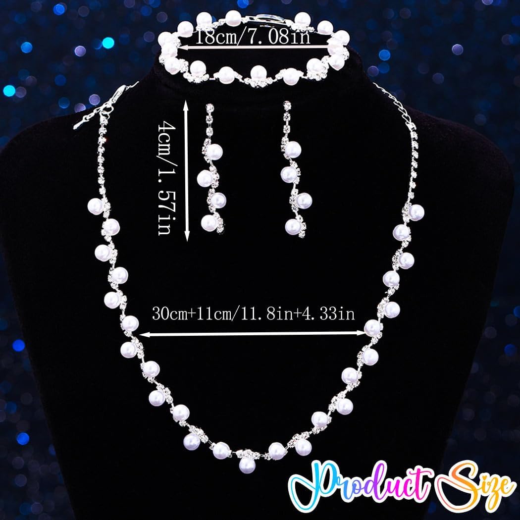 Aukmla Pearl Wedding Jewelry Sets Silver Rhinetsone Choker Necklace and Earring Bracelet Set Prom Jewelry for Brides and Women