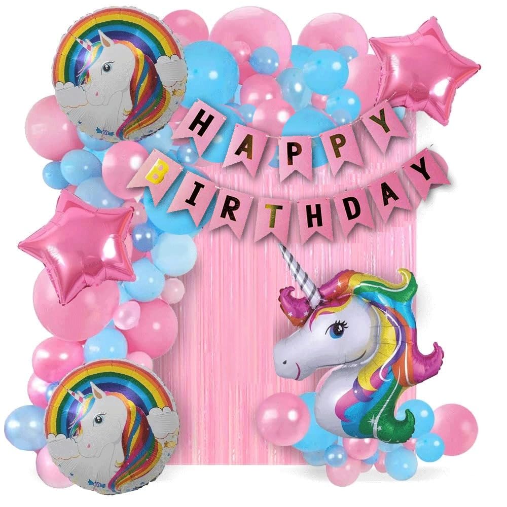 Pop The Party Unicorn Foil Balloon Round And Star Foil Balloon And Bithday Banner With balloon For Decoration Kit of 58