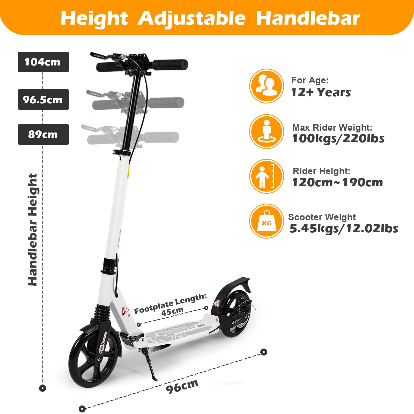 Patinete Plegable para Adultos con Ruedas 200 mm Frenos Disco Altura Ajustable