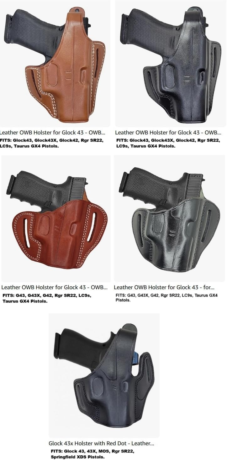 Leather OWB Holster for Glock 43 - OWB Holster for Glock 43x - for G42, G43, G43X, Mos/Rgr SR22, LC9s / Taurus GX4 - Leather Holsters for Glock 42 - Pancake Holsters G43x Mos - Calfskin Gun Holster