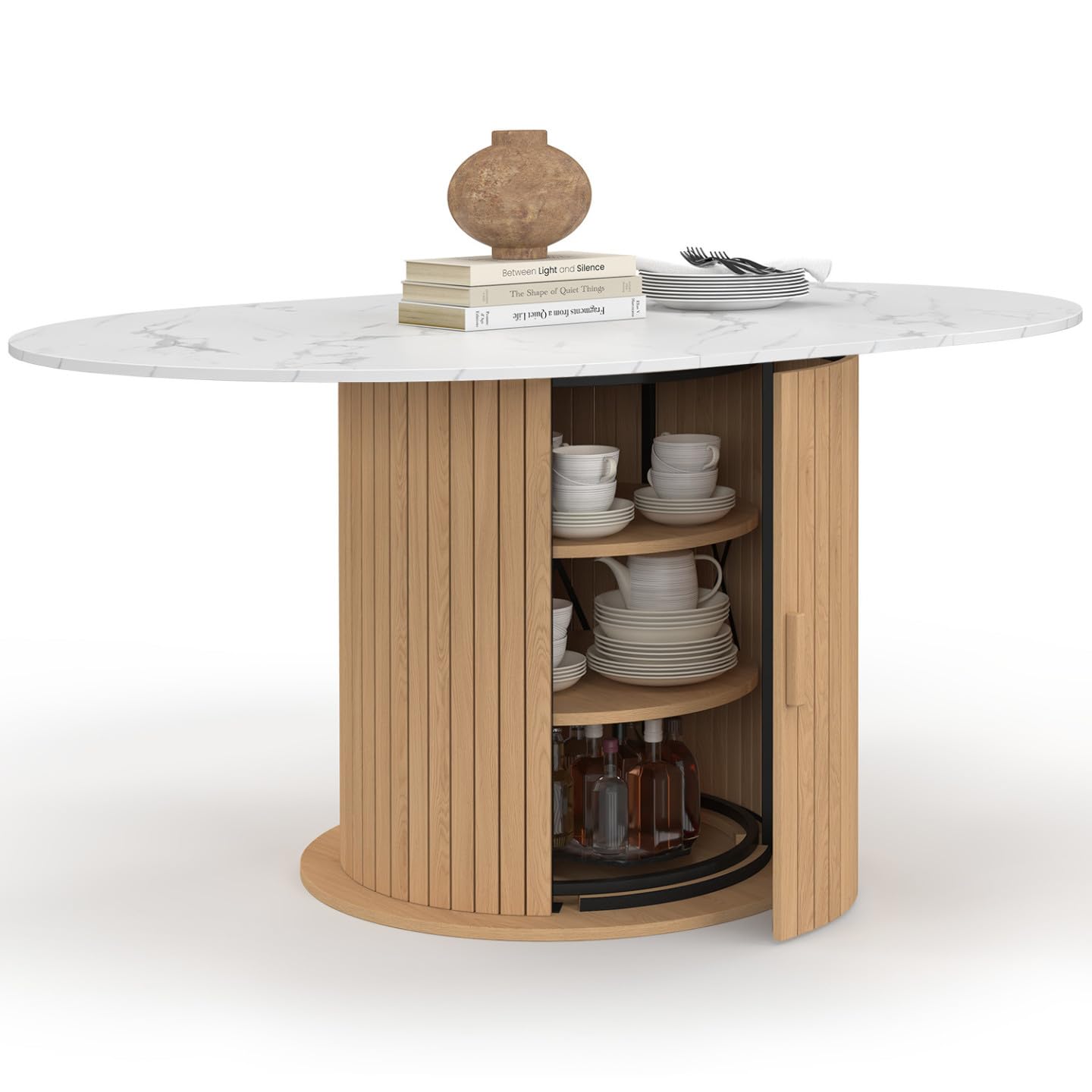 IDMarket - Table à Manger Extensible Ronde Juliette 4-8 Personnes Pied Lattes avec Rangement et Plateau Effet marbre Blanc 110-150 cm