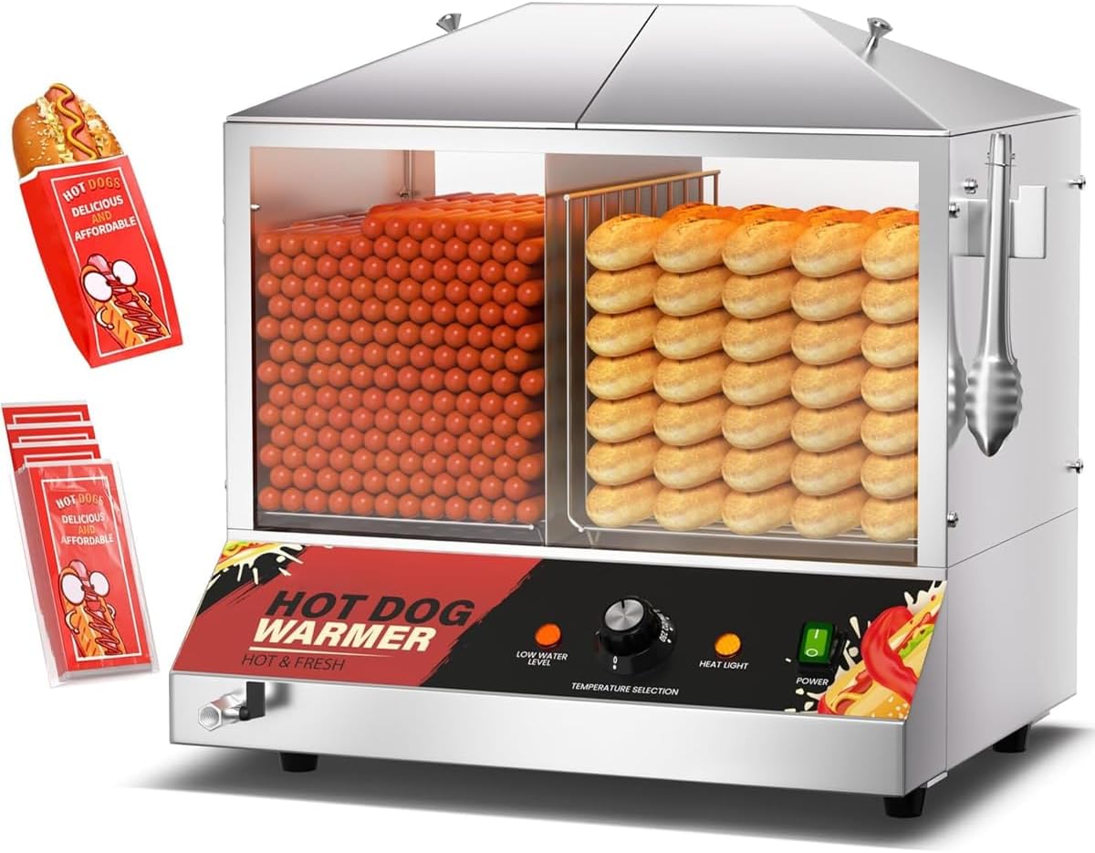 Commercial Hot Dog Steamer - 36L/38QT Electric Hot Dog Steamer and Bun Warmer, Stainless Steel Hot Dog Cabinet with Tempered Glass 200-275 Sausages & 40-45 Buns, 1200W