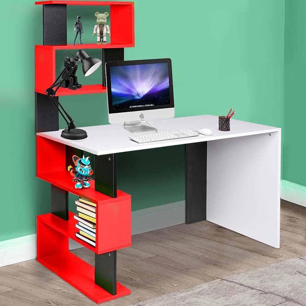 BAKAJI Scrivania con Doppia Libreria 7 Ripiani Tavolo da Lavoro Porta Pc Computer Struttura e Piano in Legno MDF Arredamento Casa Ufficio Cameretta Design Moderno 120 x 60 x 148 cm (Red)