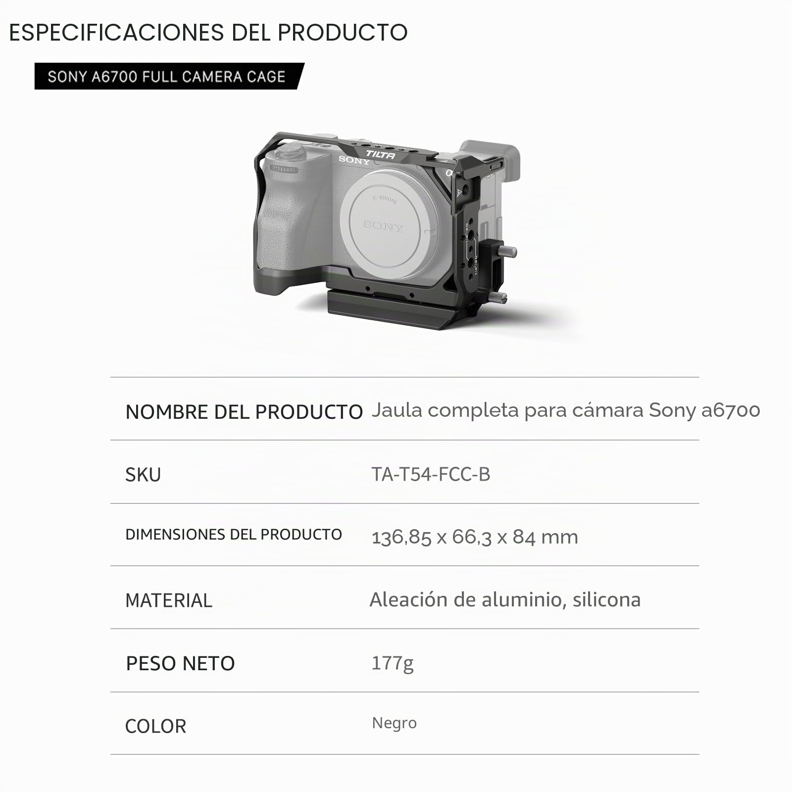 Tilta A6700 Cage, Jaula de cámara completa compatible con Sony a6700 con placa base Arca y abrazadera de cable HDMI - Negro TA-T54-FCC-B