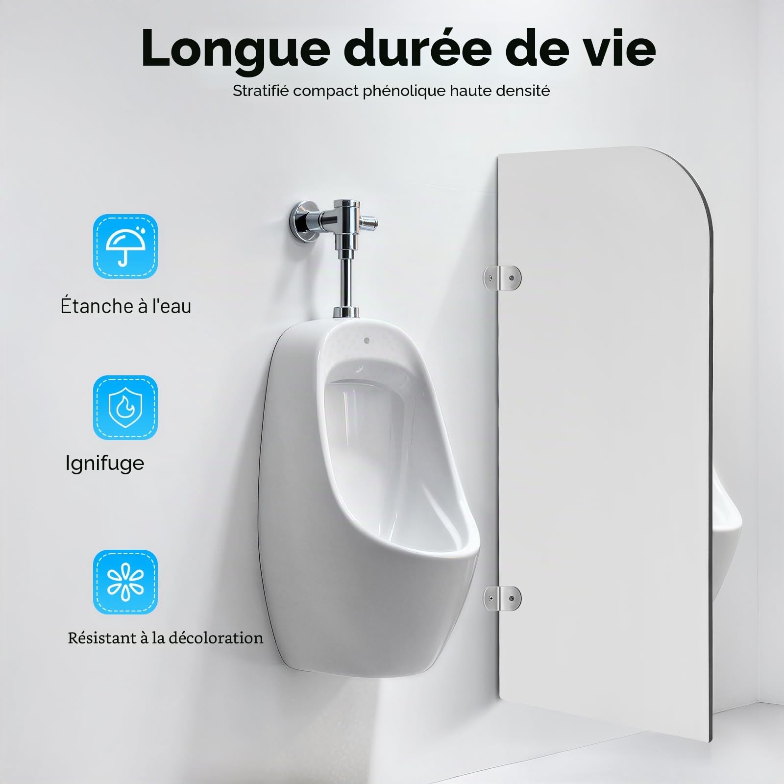 Paroi de séparation pour urinoir - 40 x 90 cm - Montage mural - Avec trous pré-percés - Gris clair (1, angle rond)