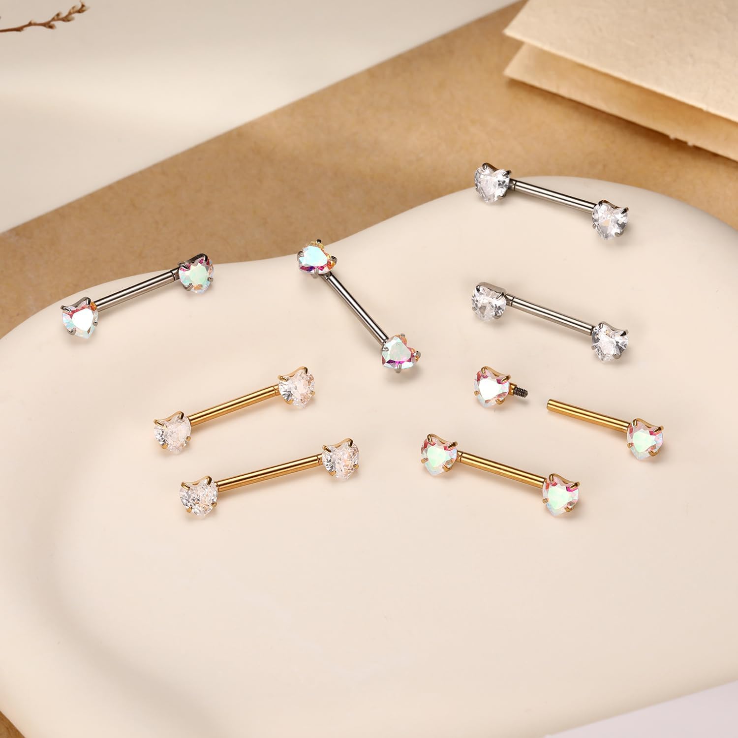 PEAKLINK Heart Shape Cubic Zircon Nipple Rings 14G Titanium Nipple Jewelry 1 Pair Nipple Barbell Internally Threaded Straight Nipple Bars Bridge Piercing Tongue Rings for Women Men