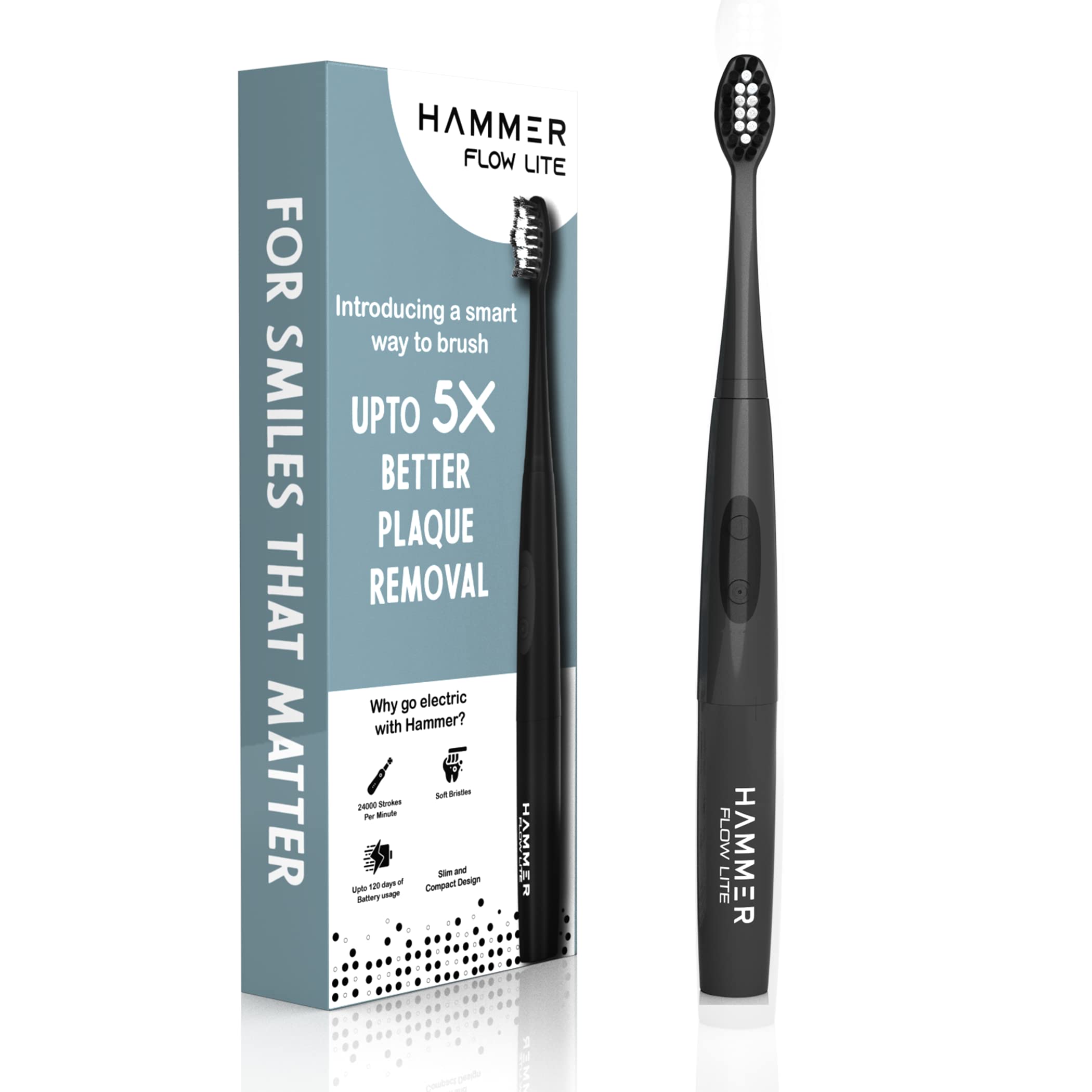 HAMMER Flow Lite Electric Toothbrush with 120 Days Battery Backup, Water resistant, Super-Soft Bristles, Compact Electric Brush for Adults (Black) (B0BVR6JJCL) Amazon Price History, Amazon Price Tracker