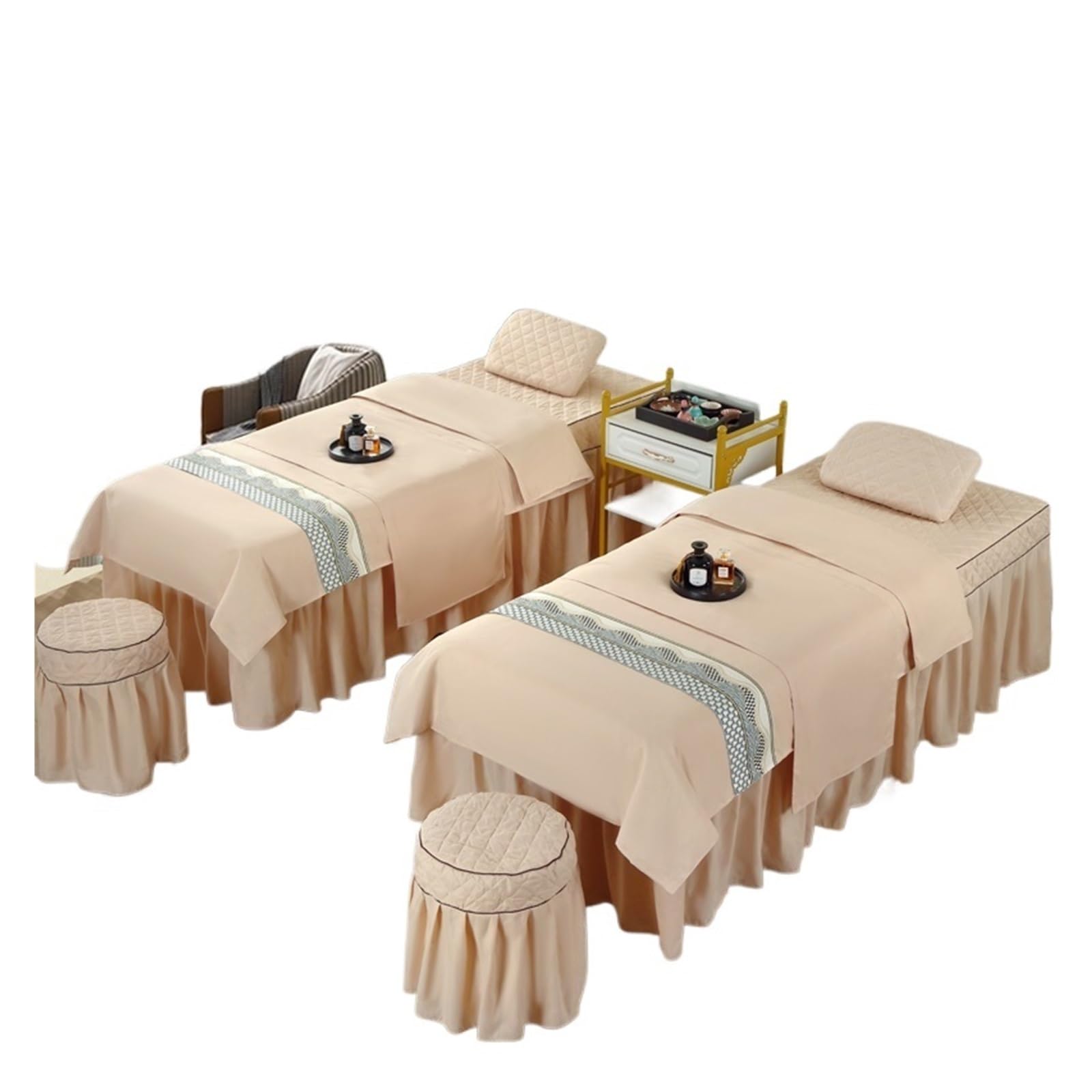Massage Table Skirt 4pcs Beauty Salon Massage Bed Cover Sets Spa Bedskirt with Hole, Pillowcase, StoolCover, Dulvet Beddings(Color 17,190x70cm)