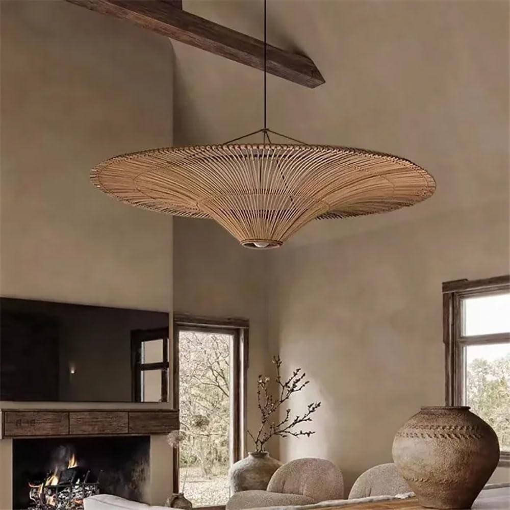 XQIDIANAA Boho Rattan Pendant Light, Wabi-Sabi Woven Hanging Lamp, 23.6" Farmhouse Pendant Light for Dining Room, Restaurant, Kitchen Island, Coffee Shop, Foyer, Cottage, Bedroom