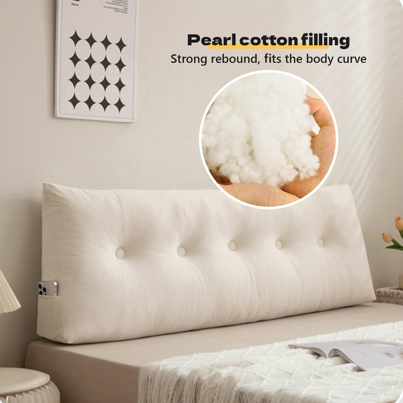 Cuscino da lettura a cuneo, morbido cuscino triangolare con tasche laterali, supporto lombare per sedersi a letto, perfetto per comfort e relax