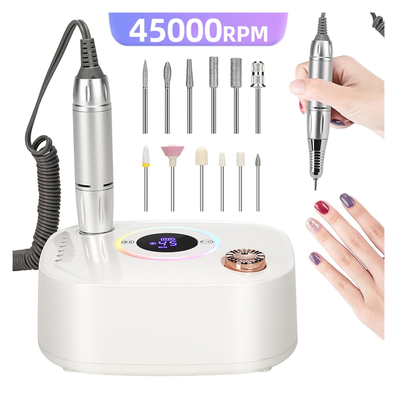 Nagelfräser, 45000 U/min Nagelschleifer-Set, Mühle for Maniküre mit LED-Anzeige, geräuscharmer elektrischer Maniküre-Bohrer(Green)