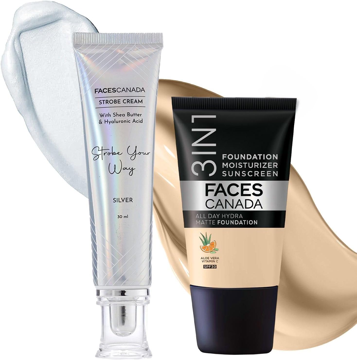 Celeb Full Coverage Glow Kit | Silver Strobe Cream (30ml) + Absolute Ivory All Day Hydra Matte Mini Foundation (18ml) | Makeup Kit For Women (Combo Pack of 2)