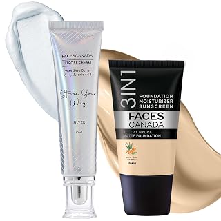 FACESCANADA Celeb Full Coverage Glow Kit | Silver Strobe Cream (30ml) + Absolute Ivory All Day Hydra Matte Mini Foundation (18ml) | Makeup Kit For Women (Combo Pack of 2)