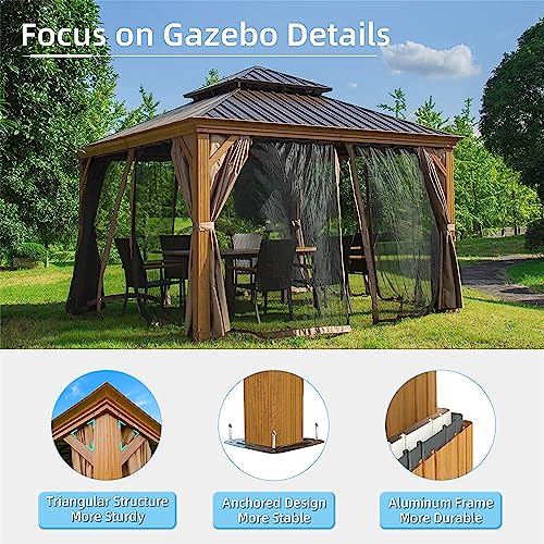TREATLIFE HOME Durable 12'x12' Hardtop Gazebo for Outdoor Spaces, Wooden Coated Aluminum Frame, Double Roof Canopy with Curtains and Netting - Image 3