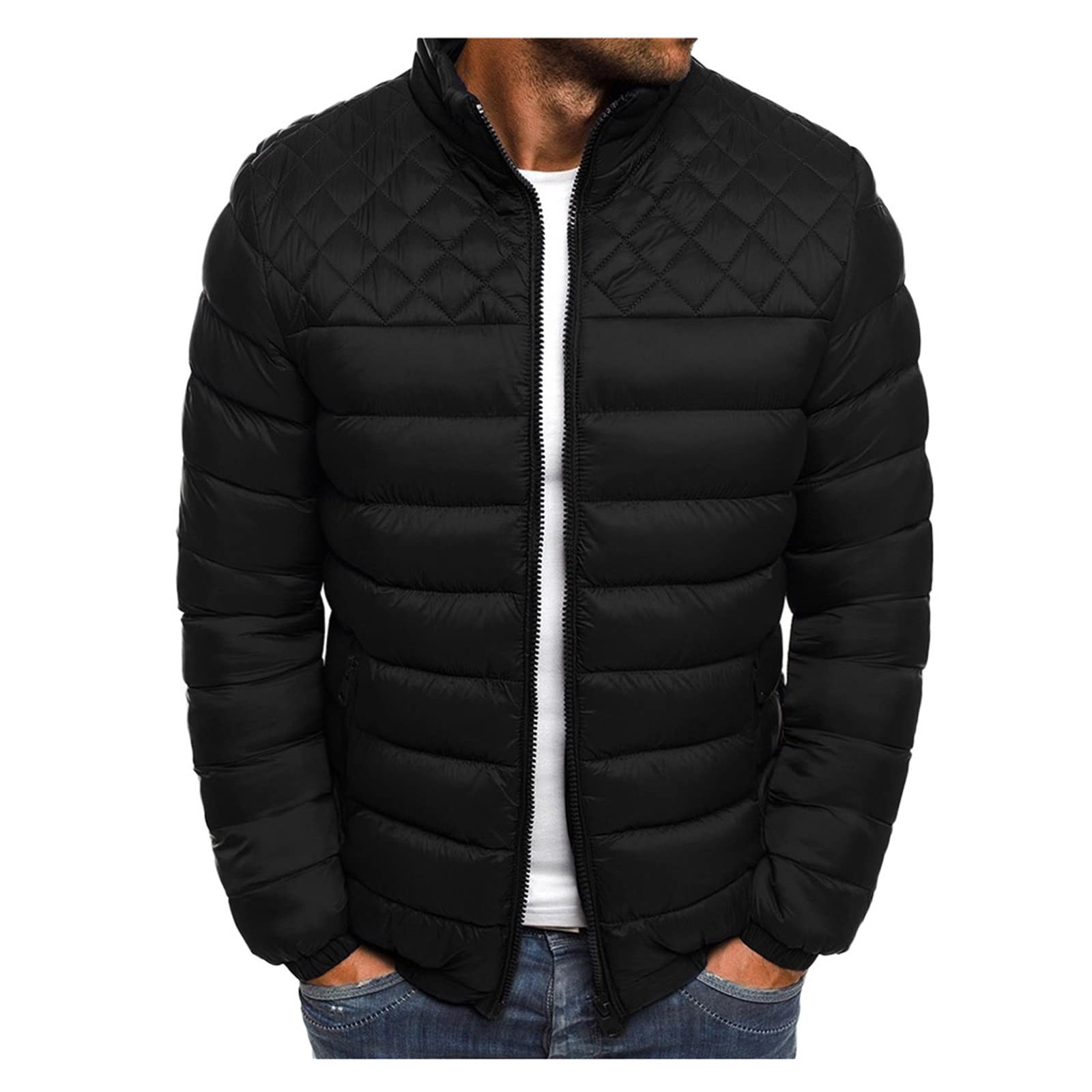LuvlC Jackets For Men,Thin Softshell Quilted Warm Fall Jackets Coats,Solid Full Zipper Windproof Outerwear With Pockets