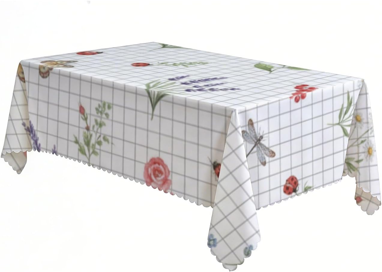 Botanical Grid Table Covers 60x120 Inch, Reusable Bohemian Brunch Decor, Western Birthday Party Decorations Mid Century Tablecloth for Tea Party Outdoor Indoor Seasonal Table Cover