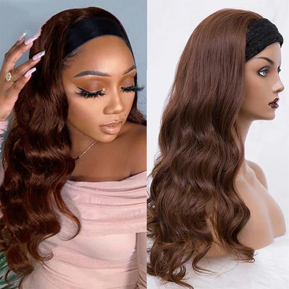 higher Headband Wig Human Hair Body Wave 22 Inch Chocolate Brown Glueless None Lace Front Wig Brazilian Virgin Human Hair Wigs Wear and Go Wigs for