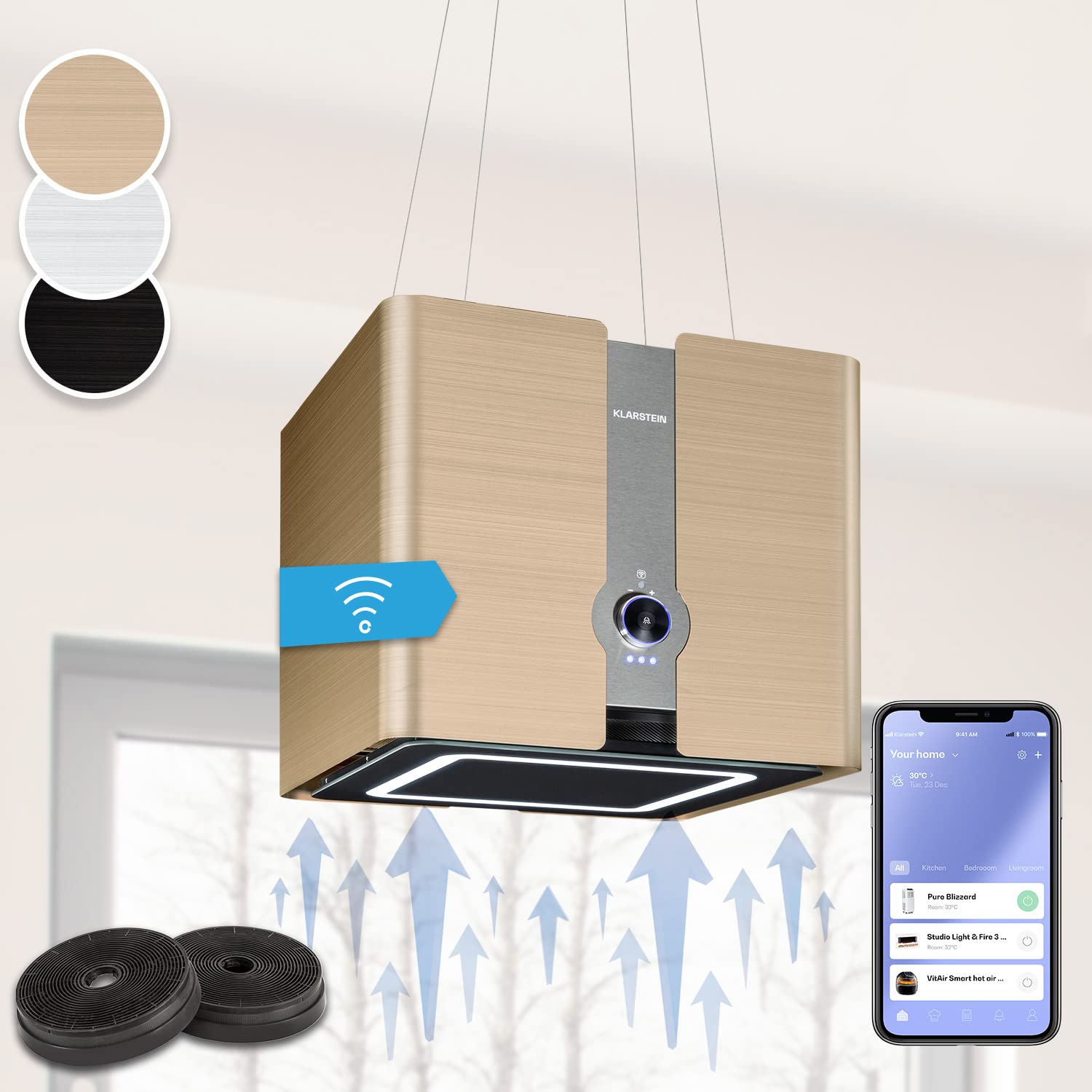 Klarstein Futurelight Smart - Cappa Aspirante, Funzione di Ricircolo con una Potenza Aspirante di 420m³/h, Cappa a Isola con Illuminazione a LED, Acciaio Inox, Oro