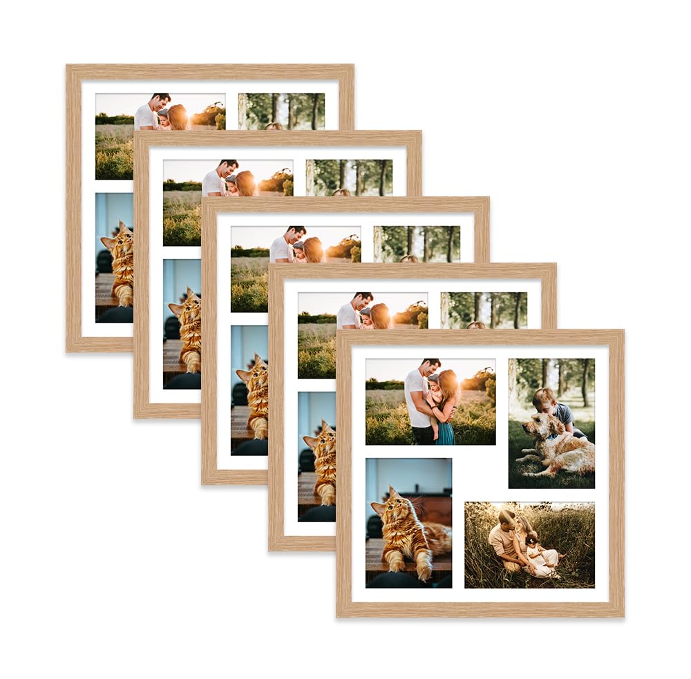 Oak Multi Photo Frame - Holds 4 x 6x4 Pictures, Family Collage Picture Frame for Wall Display, 12x12 Frame size, Set of 5