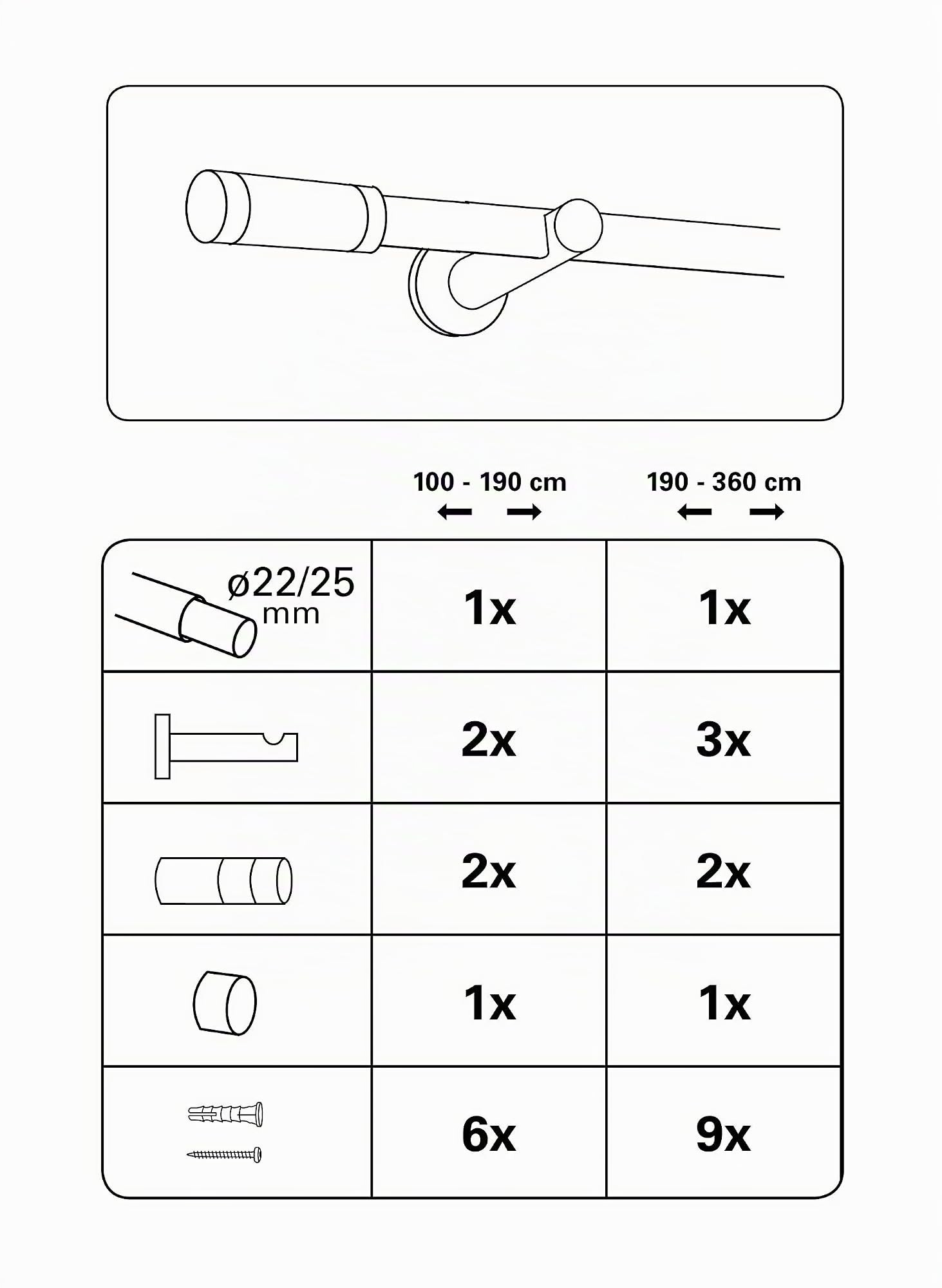 Gardinia Bastone per Tende “Zylinder”, Set Completo incl. Materiale di Montaggio, Lunghezza 100-190 cm, Effetto Acciaio Inox, Metallo, Ø 22/25 mm
