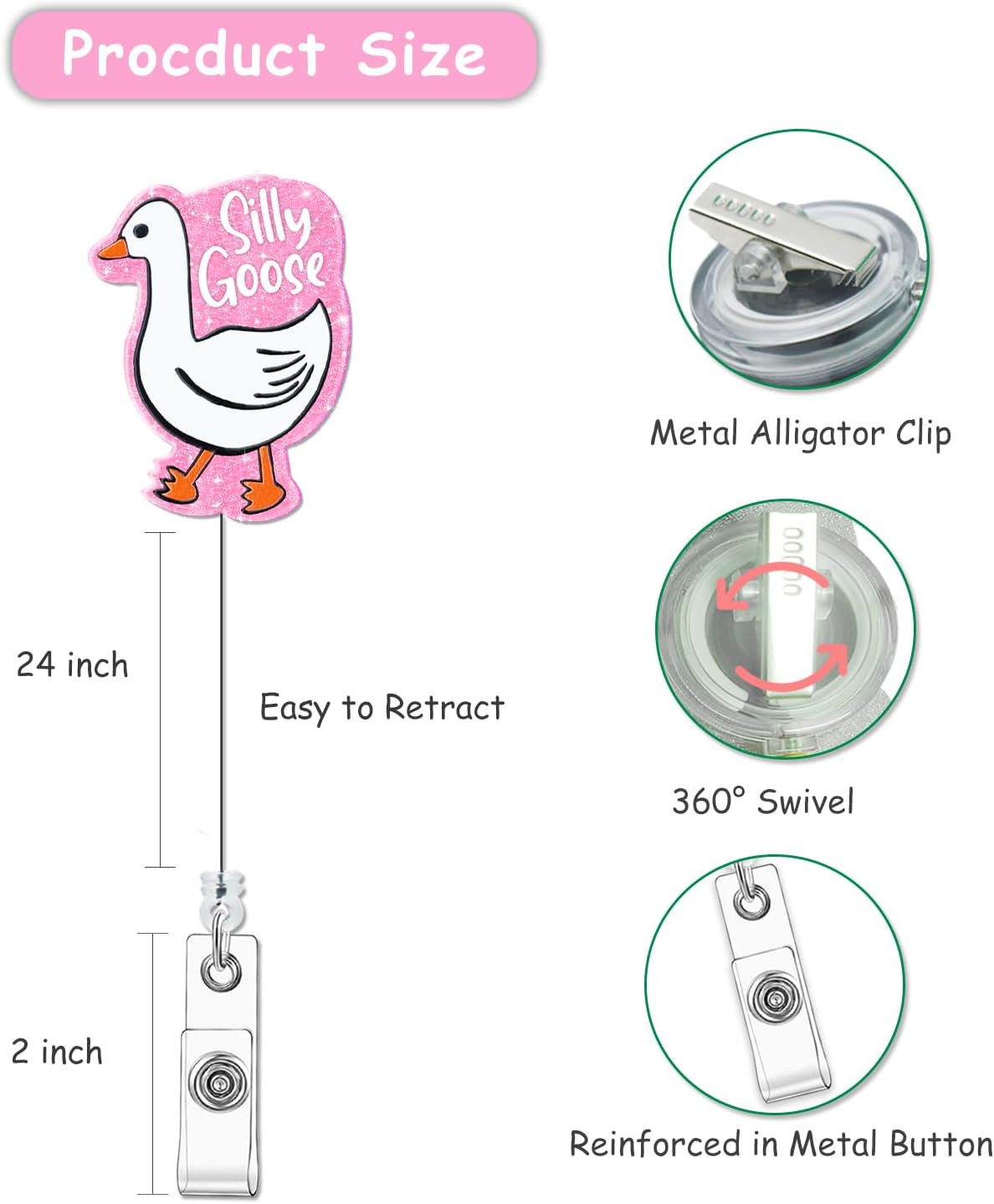 Funny [Glitter Pink] Silly Goose Badge Reel, Cute ID Badge Holder with Alligator Clip for Students, RN LPN Medical Assistant Work, Nursing Name Tag Card, Retractable Badge Reels for Nurse image 4