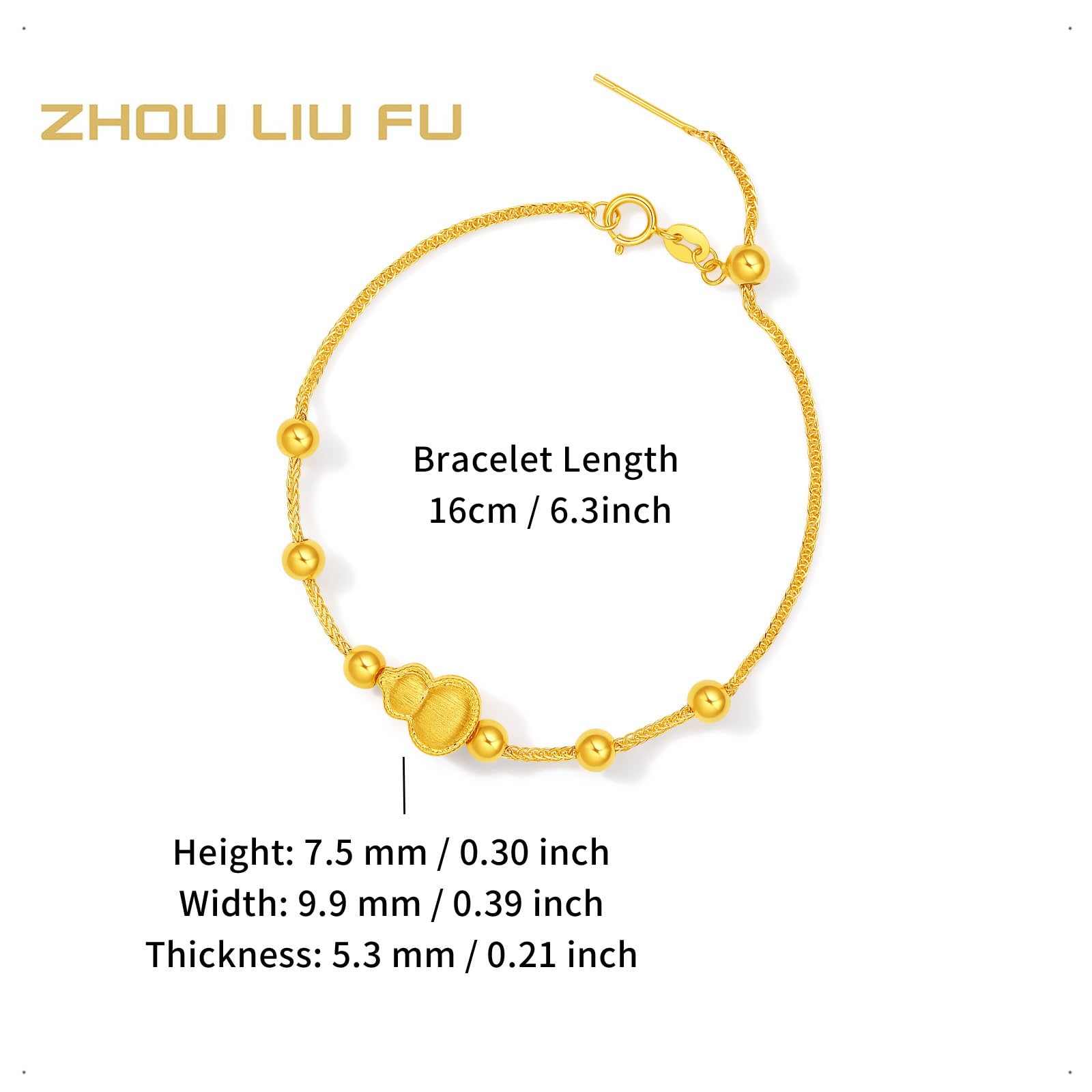 ZHOU LIU FU 24K Gold Chain Armband Gelbgold Chinesischer Flaschenkürbis Charm Silber Beads Link Armbänder Schmuck für Damen Mutter Ehefrau Geschenke Muttertag Geburtstag Jahrestag 19cm
