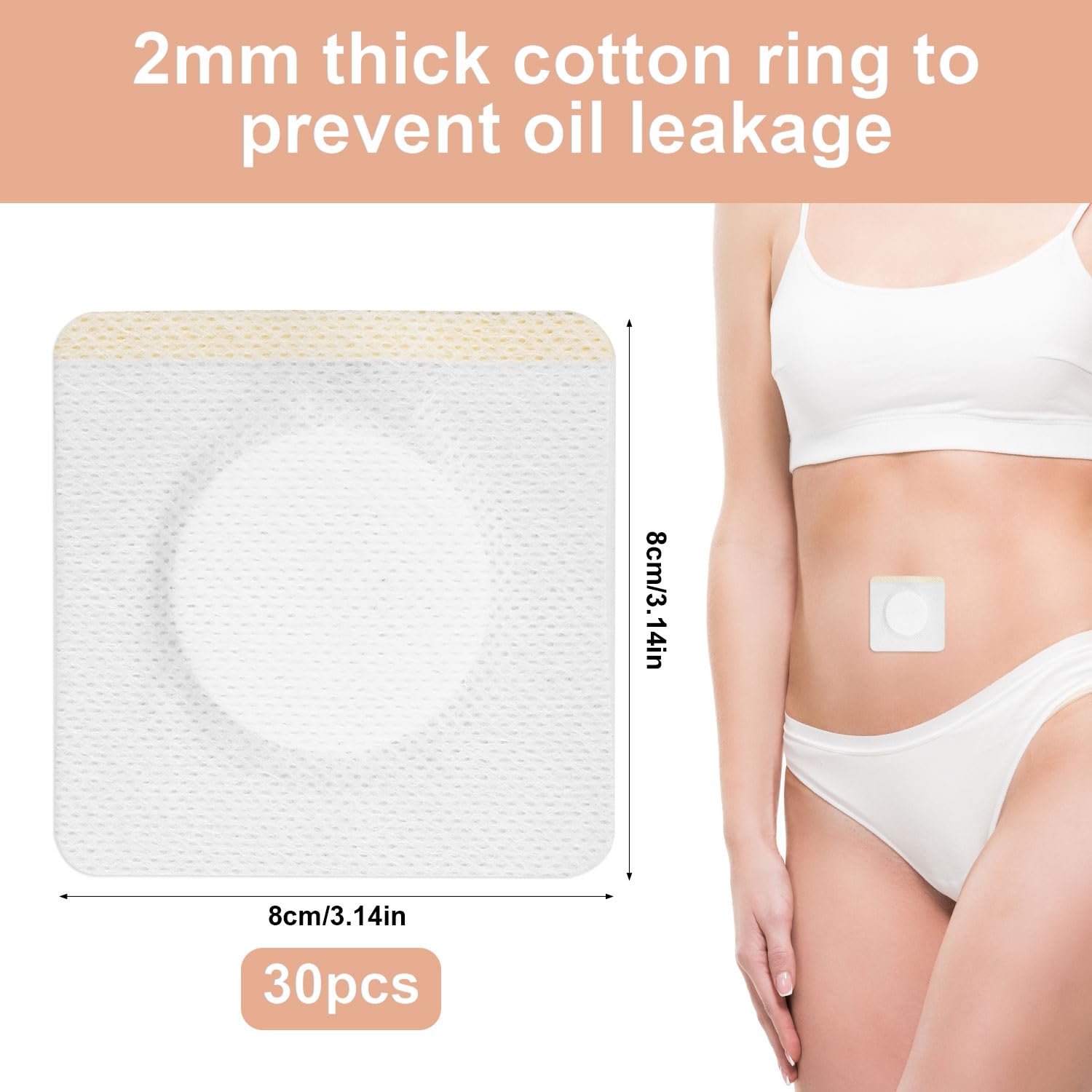 30pcs Castor Oil Pack Wrap Belly Button, 3.14x3.14in Leak-Proof Highly Absorbent Disposable Organic Self-Adhesive Oil-Free Cotton Castor Oil Patches Pad Cover Patch Without Oil (White)