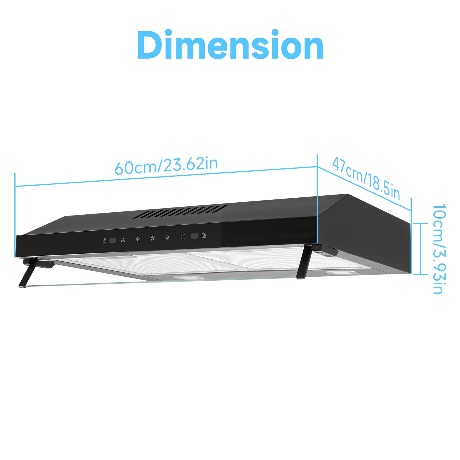 Dunstabzugshaube 60cm Unterbauhauben Abzugshaube | Unterbau Dunstabzug Touch-Steuerung Aluminiumfilter Abluft 200m³/h Luftstrom Edelstahl Schwarz