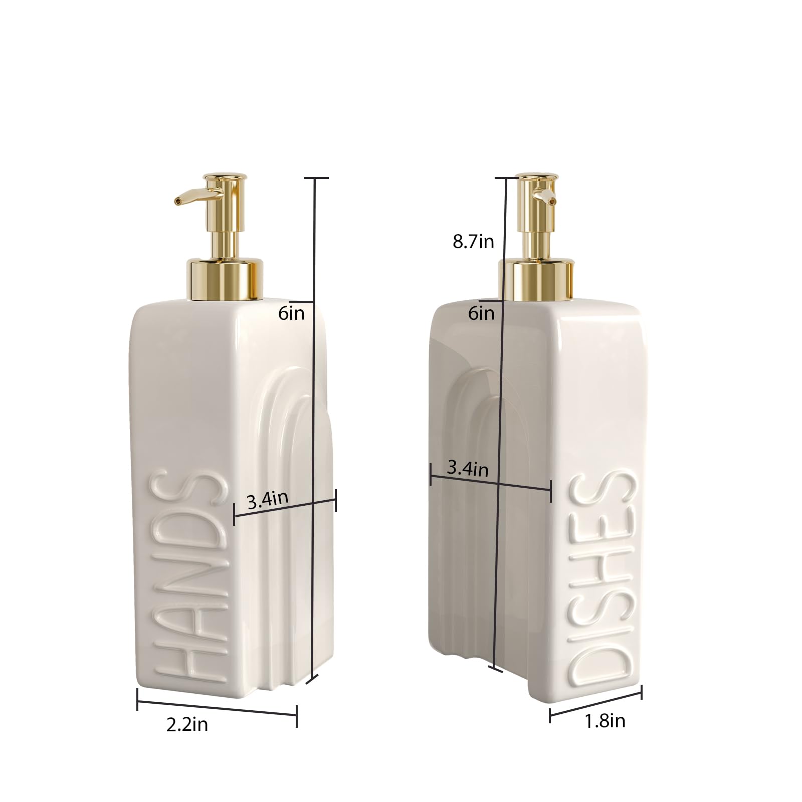 Soap Dispenser Set with Gold Rustproof Stainless Steel Pump, 2 Pack Ceramic Refillable Dish Soap and Hand Soap Dispenser for Kitchen, Bathroom, Matte White