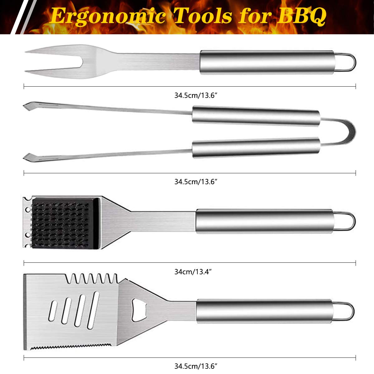 QH 10 Pack BBQ Barbecue Tool Set, Stainless Steel Outdoor Barbecue Grill Utensils Set with Storage Bags for Picnics and Outdoor Activities…