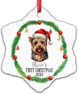 Dinoz Yorkshire Terrier Dog First Christmas Decor, Dogs Lovers Santa Claus Personalized Name Both Sides Print Ceramic Snowflake Ornament Keepsake Gift Decor