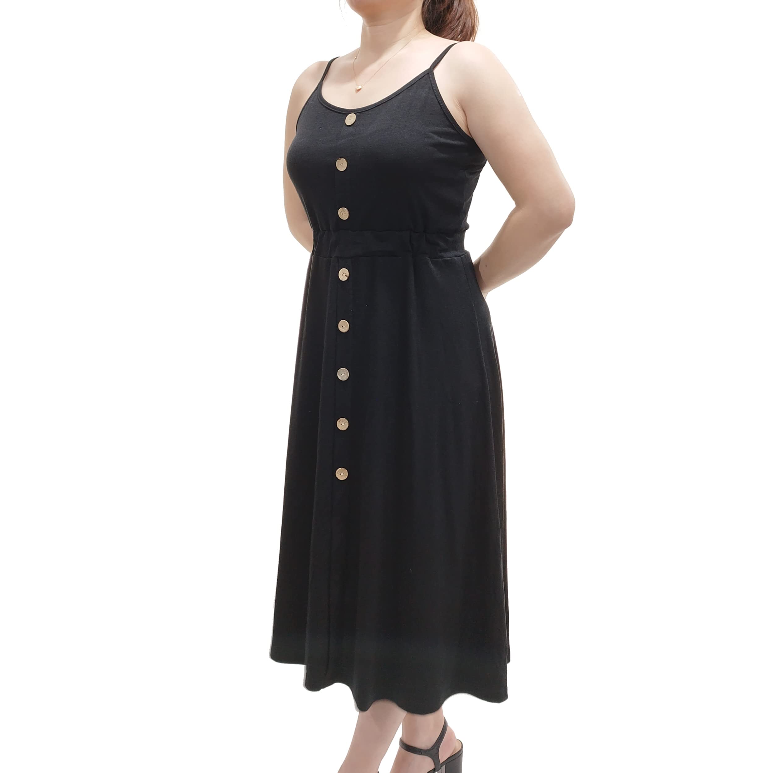 Es-Uk Women's Black Button Down Midi Sundress – Sleeveless Spaghetti Strap Summer Dress, Elastic Waist – Casual A-Line Tank Dress For Beach, Vacation & Everyday Wear (, 3XL)