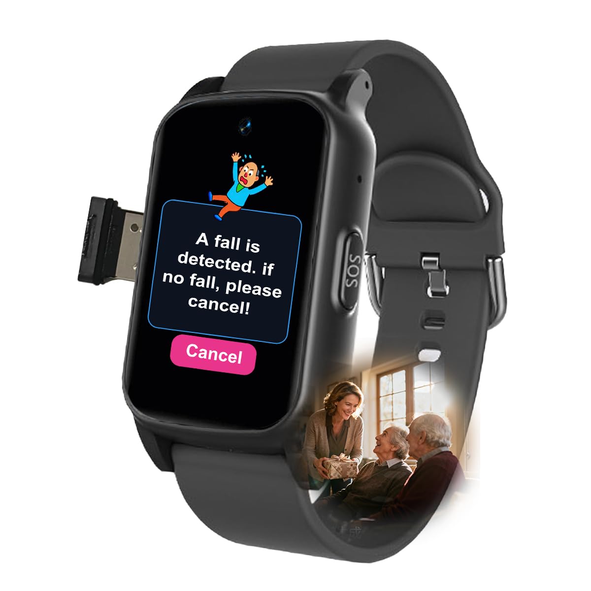 Reloj Localizador Personas Mayores, Detección De Caídas SOS GPS Posicionamiento para Personas Mayores, Reloj Inteligente con Boton Emergencia AncianosBlack,1.25 * 0.57 * 2.22inch
