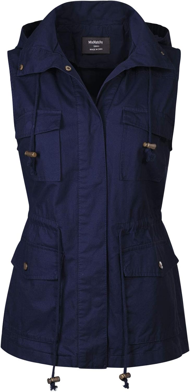 MixMatchy Women's Drawstring Lightweight Loose Fit Sleeveless Safari Vest Utility Jacket