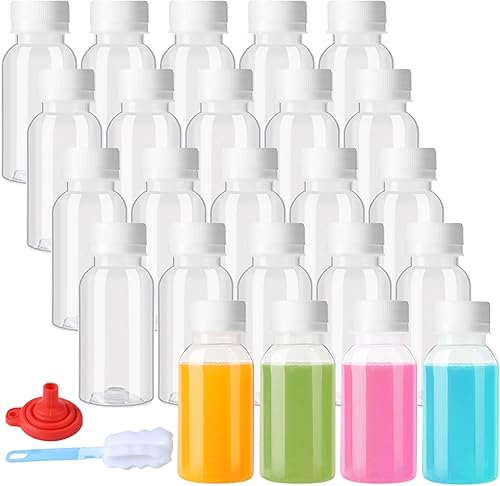 zmybcpack Paquete de 24 botellas de jugo de plástico de polipropileno de 3.4 fl oz resistentes al calor con tapas, botellas de chupito de plástico,