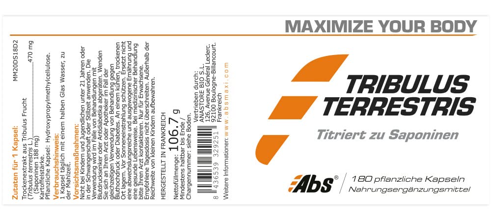 Tribulus terrestris * 470 mg / 180 capsule * Titolato al 85% di saponine * Tono corporeo e muscolare + Energia