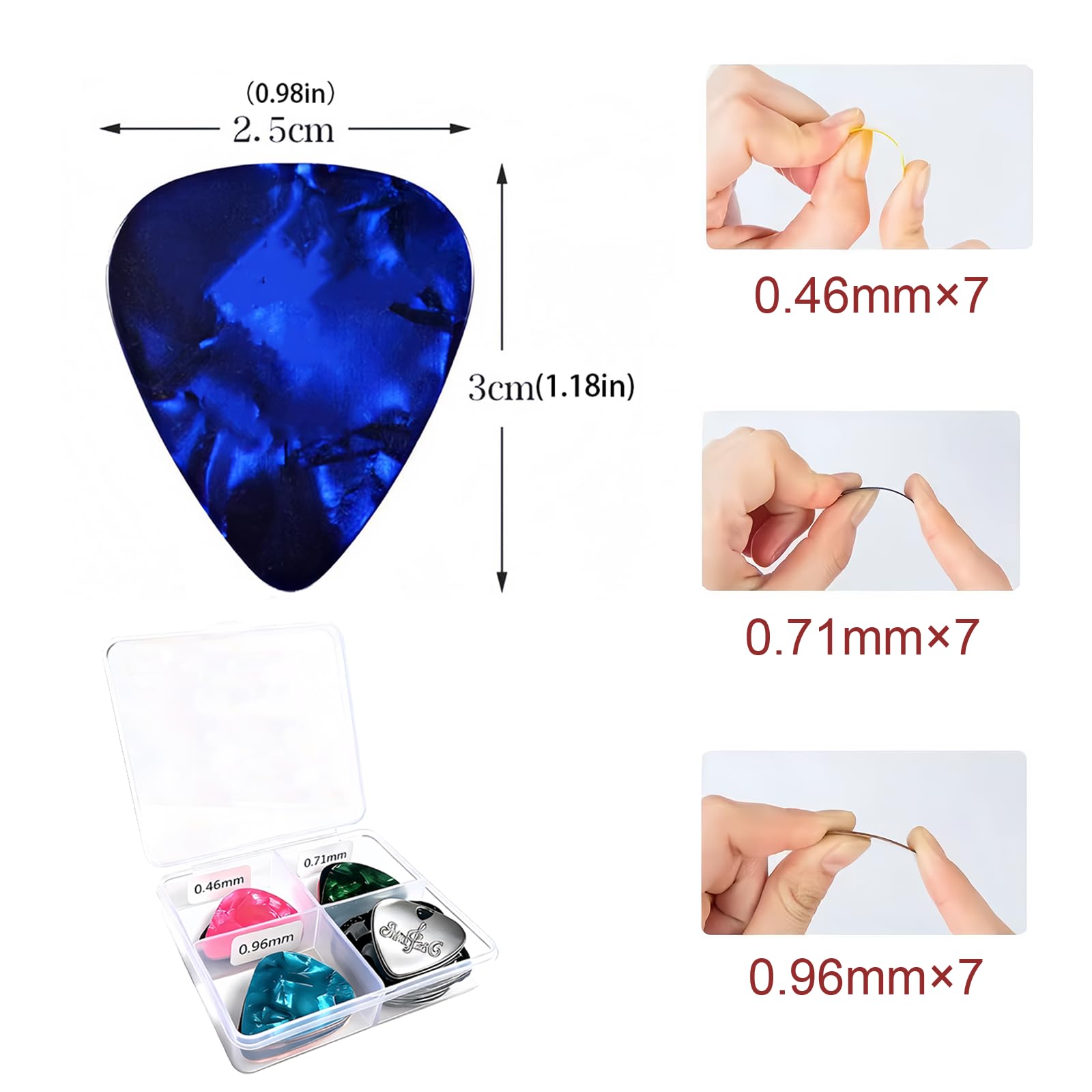 Paquete de 21 púas de guitarra con caja organizadora y collar de púa de aleación de zinc, 0.46 0.71 0.96 mm, púas de celuloide para guitarras acústicas eléctricas, bajo, ukelelele, regalo de guitarra