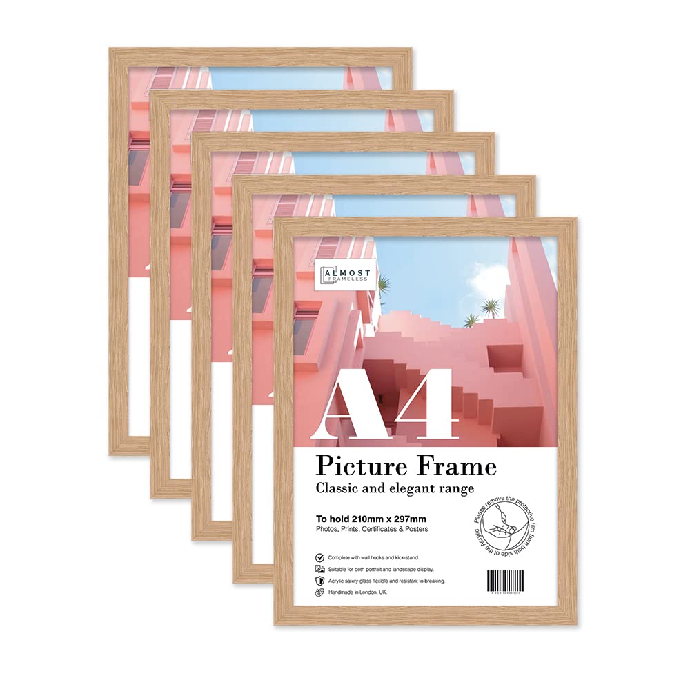 Almost Frameless A4 Oak Picture Frame Set of 5, Display A4 Picture Gallery Wall, Poster, Photo, Artwork, or Print, Oak — image 1