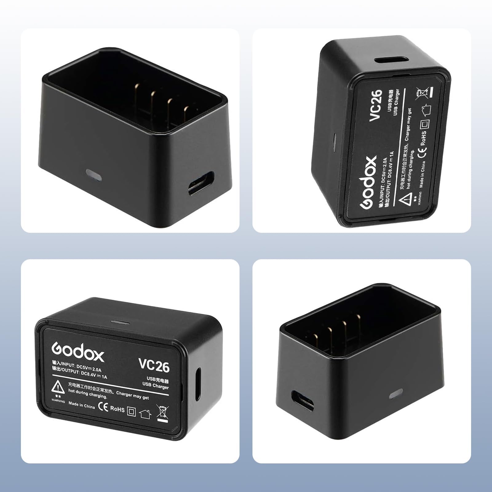 Godox VC26 cargador USB V1 V1Pro cargador de batería, entrada DC 5 V DC 8,4 V salida, compatible con la batería de flash de cabeza redonda de la funda: V1-C/N/S V1Pro-C/N/S V860III-C/N