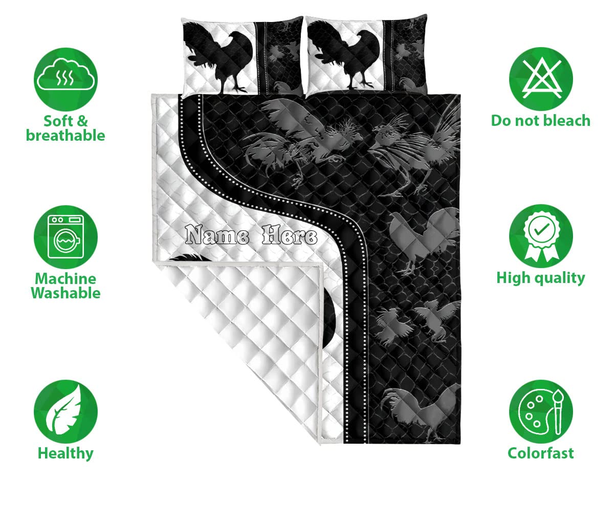 OhaPrints Custom Chicken Rooster Farm Animal Black & White Pattern Personalized Name Quilt Blanket & Pillowcases, Bedding Set & Pillow Cover, King Queen Double Twin Throw Full Size Bedspread Bed