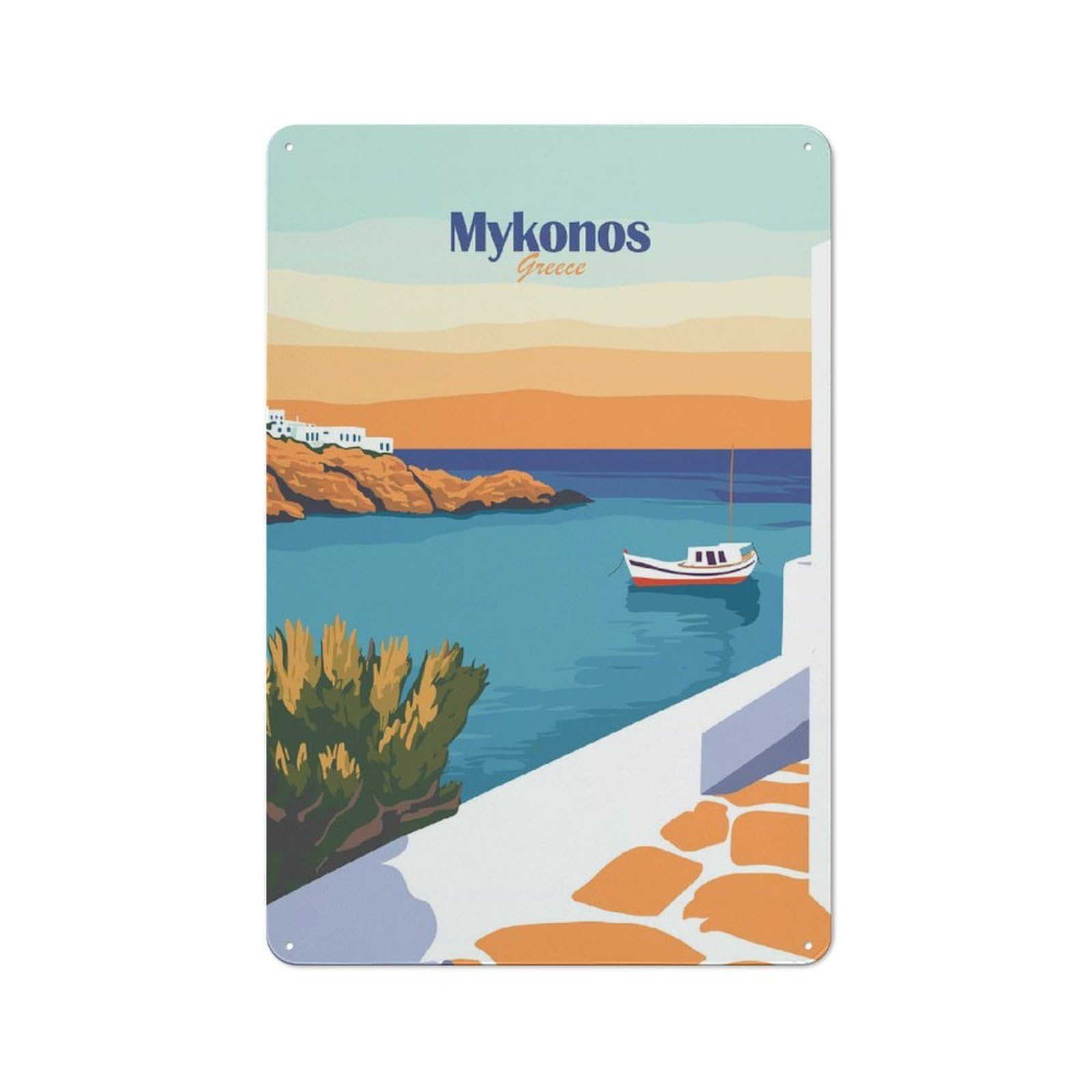 Junmoney Style-13 For Home Office Or Studio, Mykonos Greece Retro Tin Wall Plaque 30X20cm, A Housewarming Gift For Creative Workspace Decorators