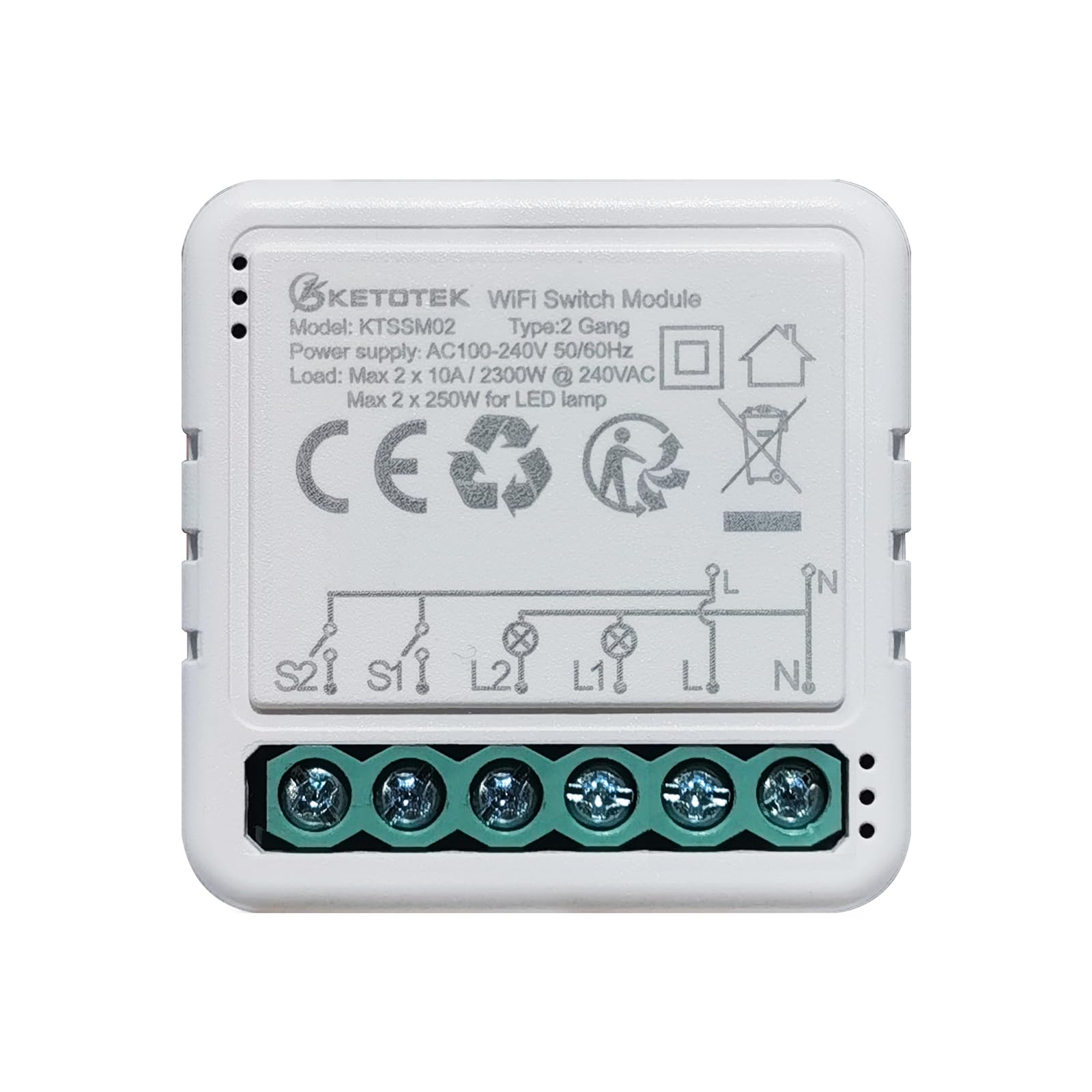 KETOTEK KETOTEK Smart WLAN Relais Schalter 230V 10A 2 Kanäle Kompatibel mit Alexa, Smart Switch Lichtschalter Modul WLAN Unterputz 2fach 1 Weg/2 Wege, Nullleiter Erforderlich