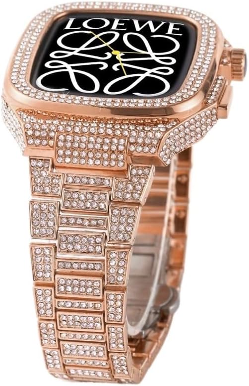 Luxury Diamond Stainless Steel Watch Strap,For Apple Watch Band 45mm 44mm,Diamond-encrusted case metal integrated watch case+Watchband,For iWatch 8 7 SE 6 5 4 Series