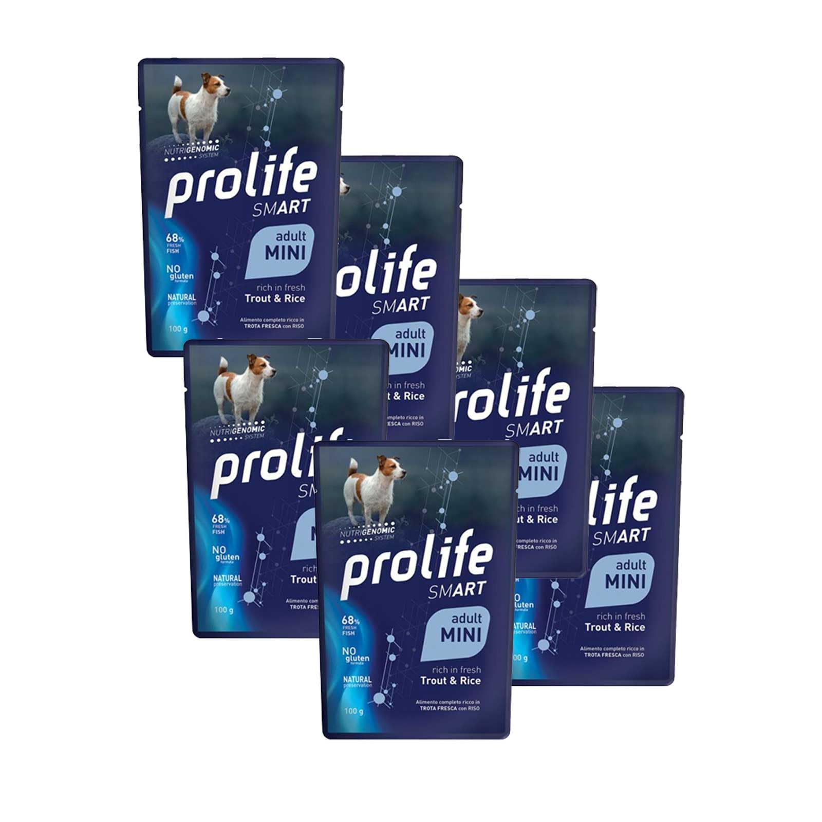 Prolife Smart Dog truite et riz mini Lot de 10 sachets de 100 grammes.