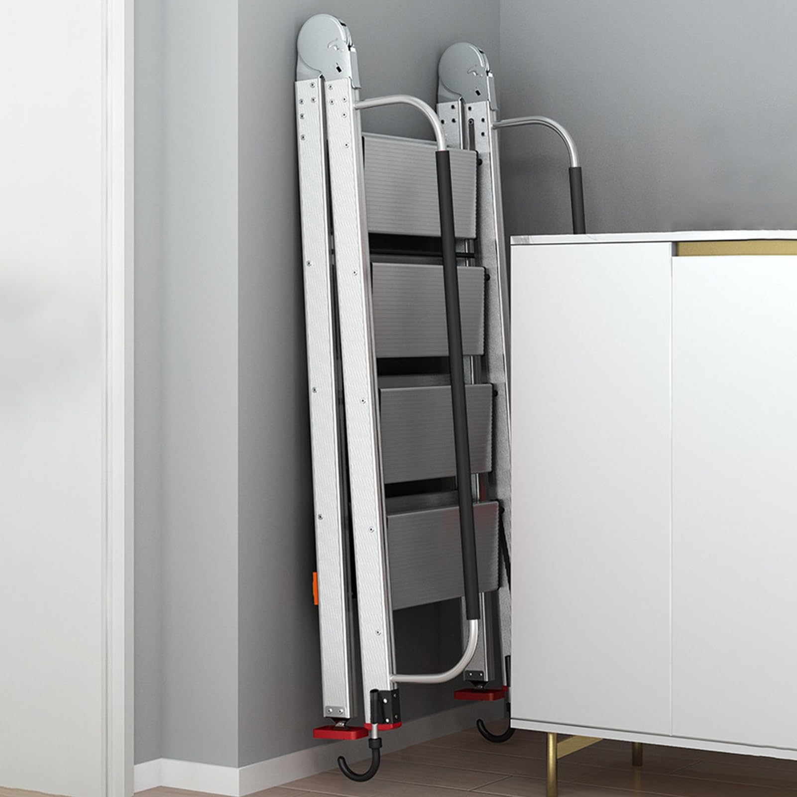 Folding Loft Ladder for Tiny House, Freestanding Attic Ladders Heavy-duty, Apartment Escape Ladder with Rails, Outdoor Roof Access Ladders(14 Steps 3.5-3.7m (137.8-145.7"))