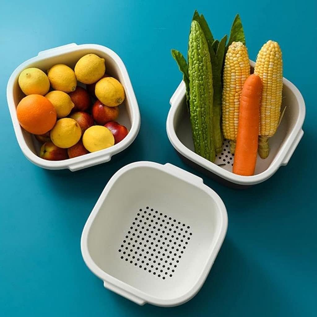 2-in-1 Strainer and Kitchen Colander Set Household Double-layer Drain Basket Water Filter Plastic Storage for Washing Fruits Veggie Beans(B)