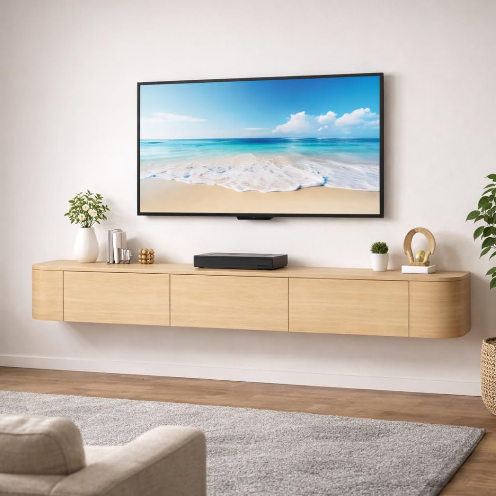 Floating TV Stand Wall Mounted Modern Floating Media Console With Storage Cabinets And Cable Management For Living Room Bedroom Wall Mounted TV Console Entertainment Center(Natural Oak LED,240cm)
