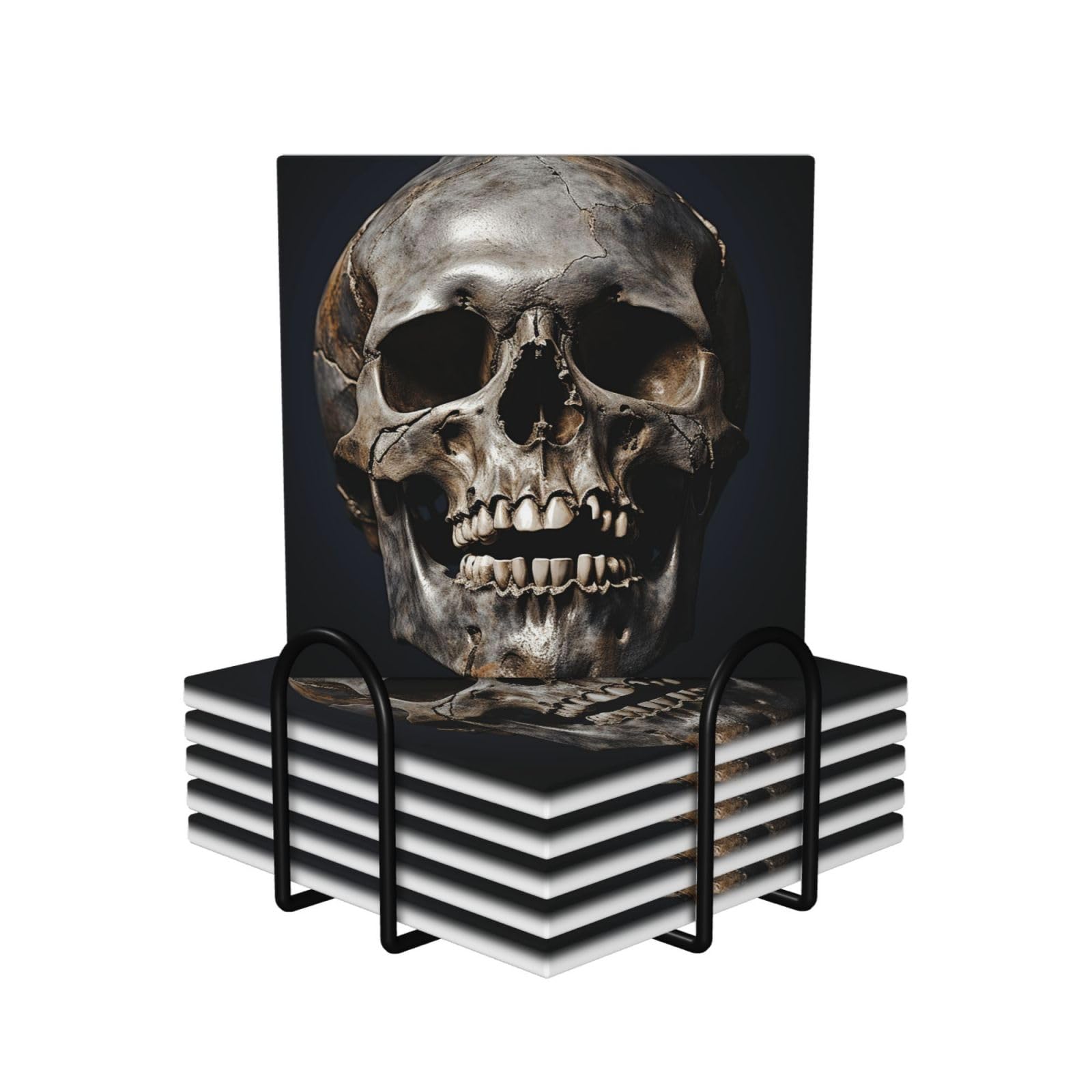 6Pcs Ceramics Coaster for Drinks, Death Skull Cup Coasters with Holder, Aesthetic Drink Coasters for Coffee Table, Absorbent Round Coaster for Tabletop Protection 4" Cup Mat Pad