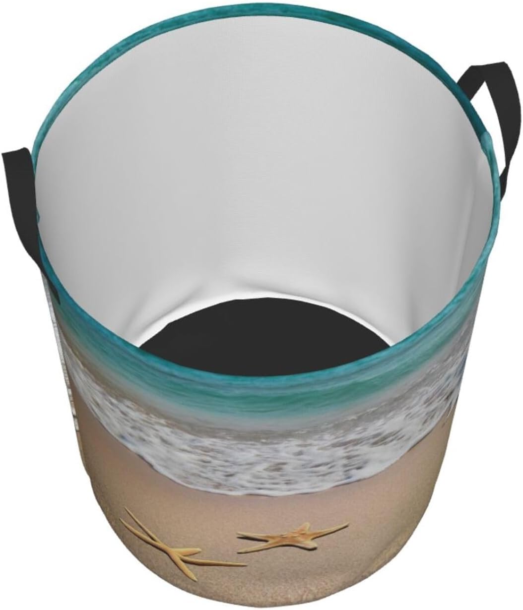 Laundry Basket Beach Starfish Room Decor,Round Laundry Hamper Waterproof Dirty Clothes Hamper Collapsible Laundry Baskets With Handles,Toy/Clothes Storage Beach Towel Basket For Dorm Bathroom Decor